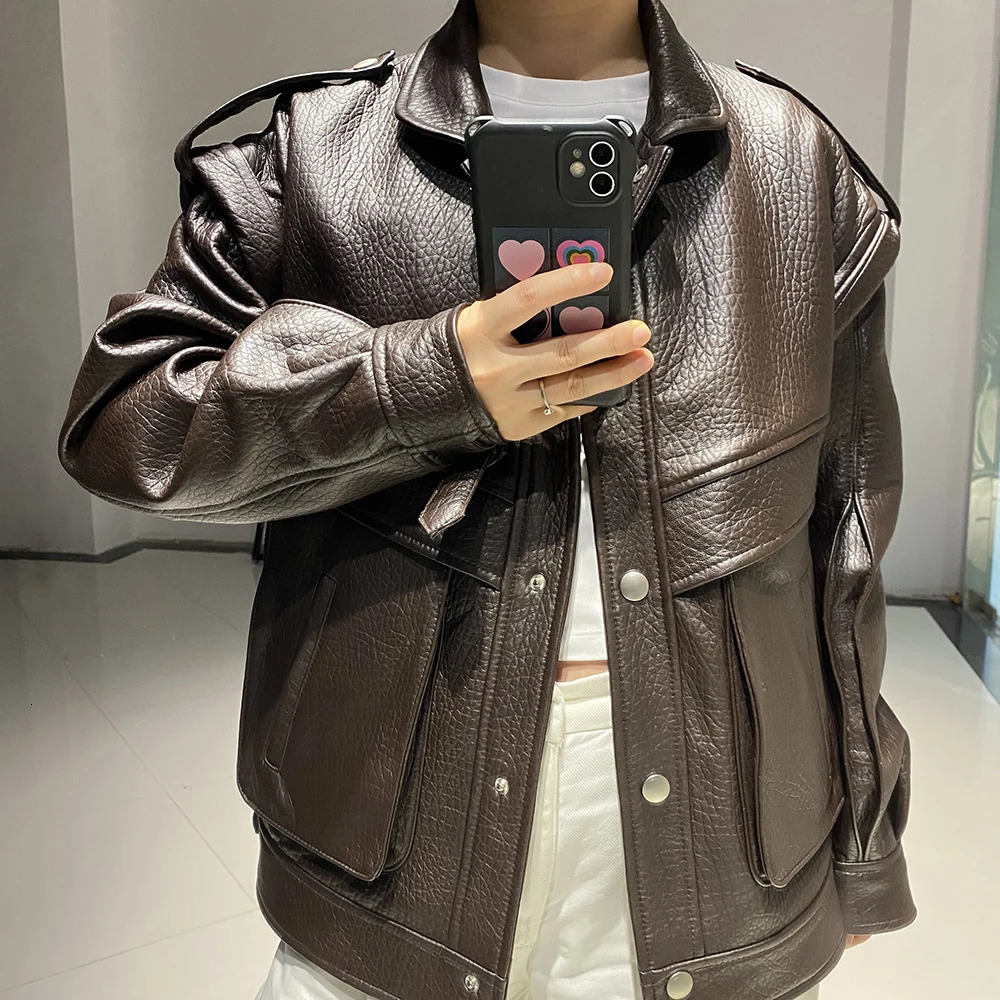 YOLOAgain Womens High Quality Genuine Leather Jacket Extra Large Dark Brown Grain Leather Jacket 241019