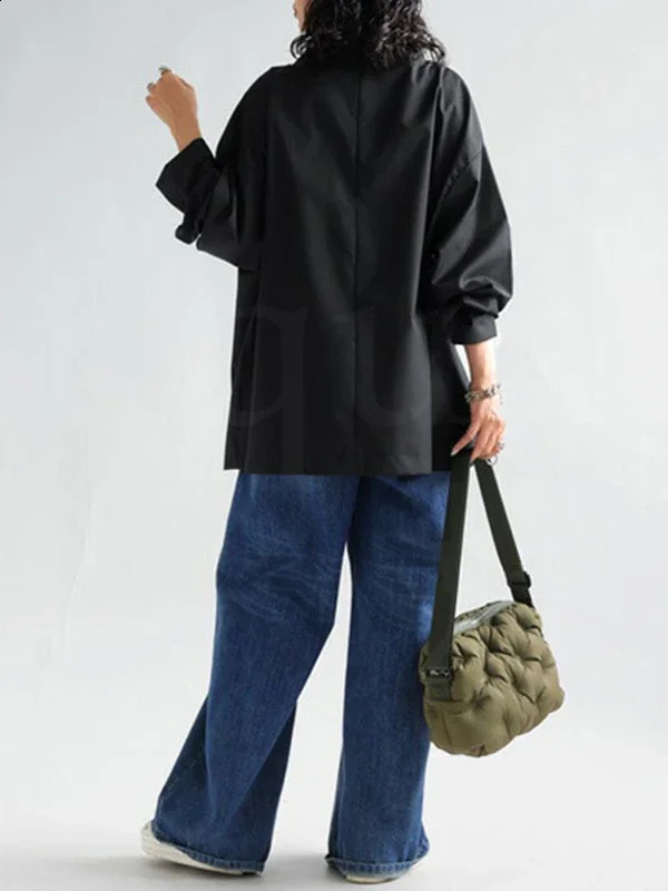 Gymystars Black Long Sleeves Loose High Neck T-Shirts Tops Womens Spring Autumn Buttoned Casual Simpie Top 241019