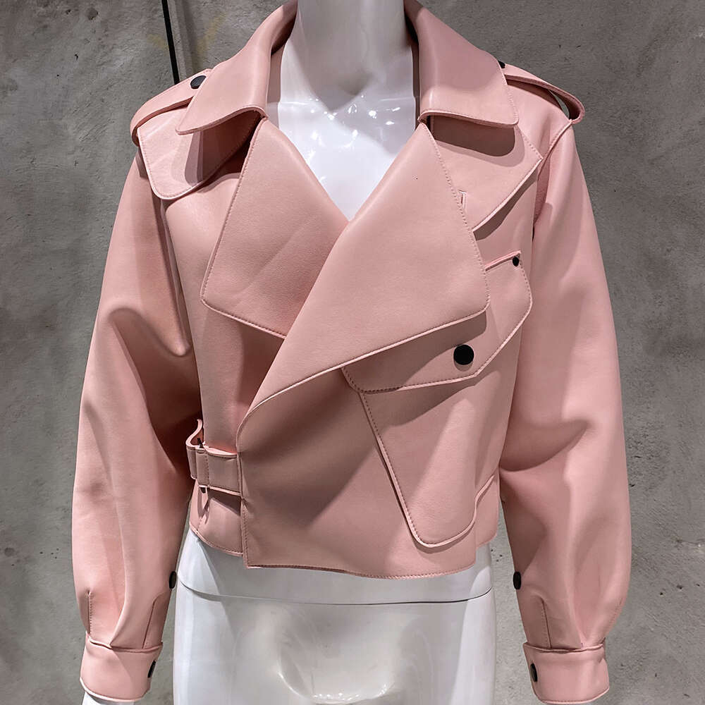 Yoloagain Women's Oversized Real Long Sleeve Pink Leather Jacket Ladies 250526