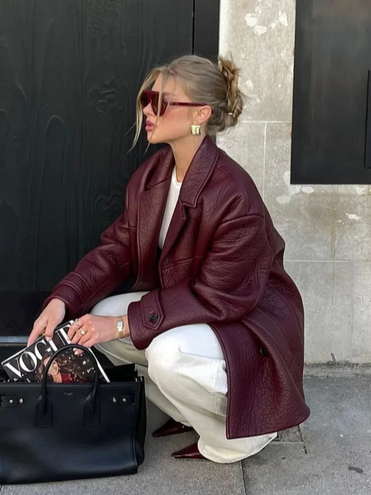 Fashion Burgundy Leahy Leather Jacket Womens Double Collar Shoulder Cushion Coat Womens Fashion Street Coat 241019