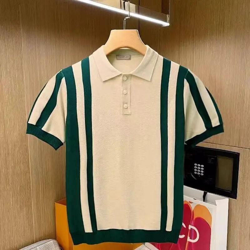 Summer Mens Knitting polos Shirt Men Turndown Collar Button Fashion Color Stripe Tops Knit Casual Tshirts 241010