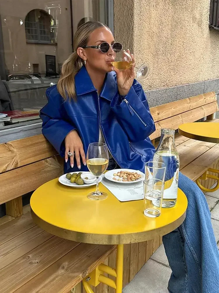 Fashionable blue Pu leather zipper jacket womens autumn lapel long sleeved jacket with pockets womens street jacket 241019