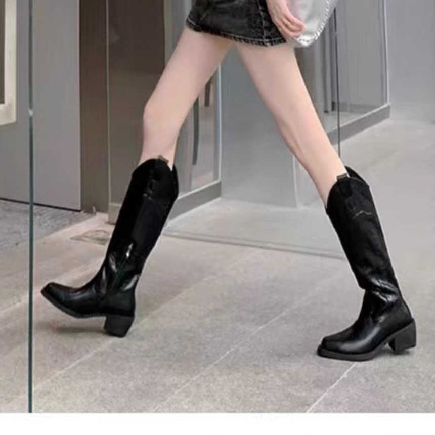 Fashion Boots Western High-heeled Cowboy Boots Female Knight Boots Pointed Brown Thick Heel Ankle Boots Long Boots 241008