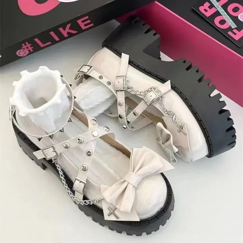 Ankle wrap womens high heels platform pump bow tie rivet chain square shoelace buckle womens shoes 241019
