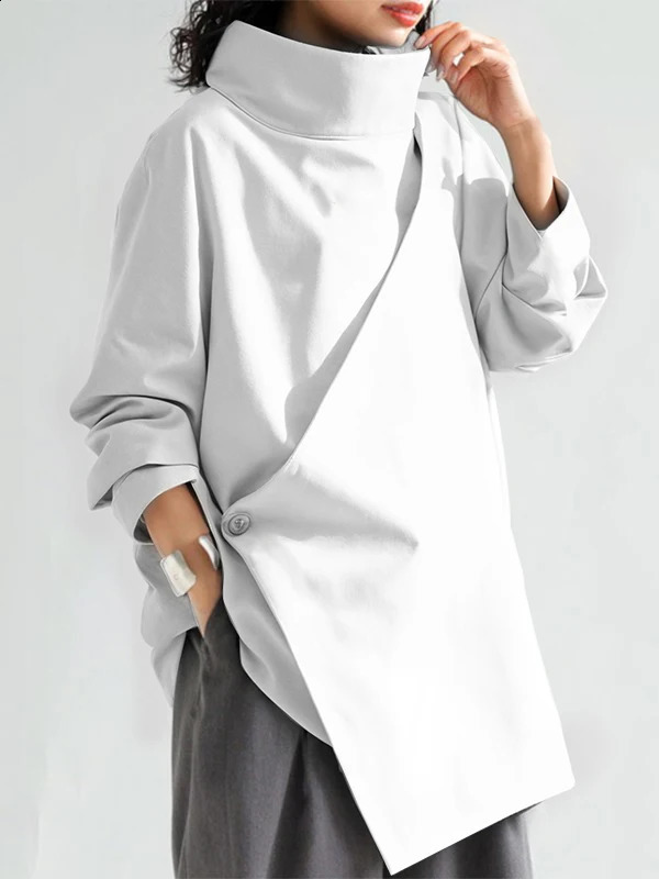 Gymystars Black Long Sleeves Loose High Neck T-Shirts Tops Womens Spring Autumn Buttoned Casual Simpie Top 241019