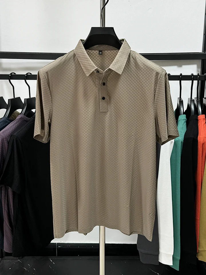 Trendy Summer Mens Shortsleeved POLO Shirt Ice Silk Breathable and Cool Quality Plaid Lapel Business Casual Korean Top Tshirt 241009