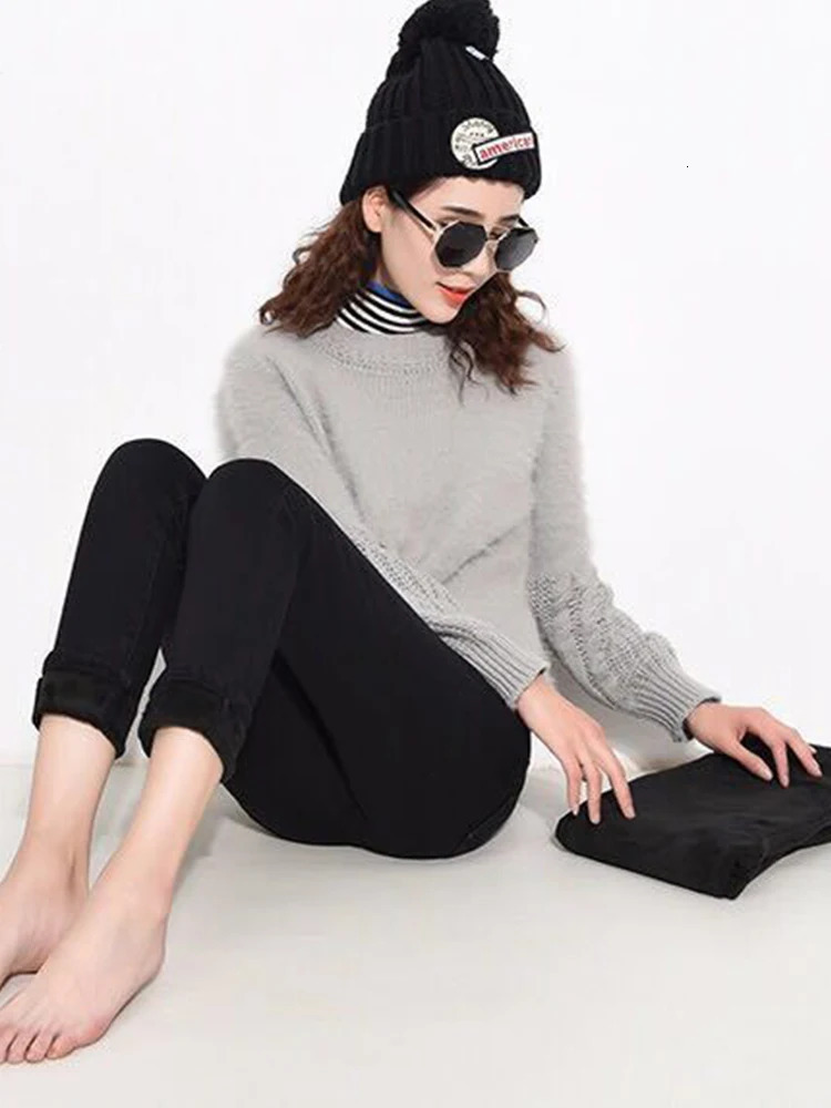 Winter high waist jean Thick warm stretch skinny pencil pants Female Simple casual black trousers 241007