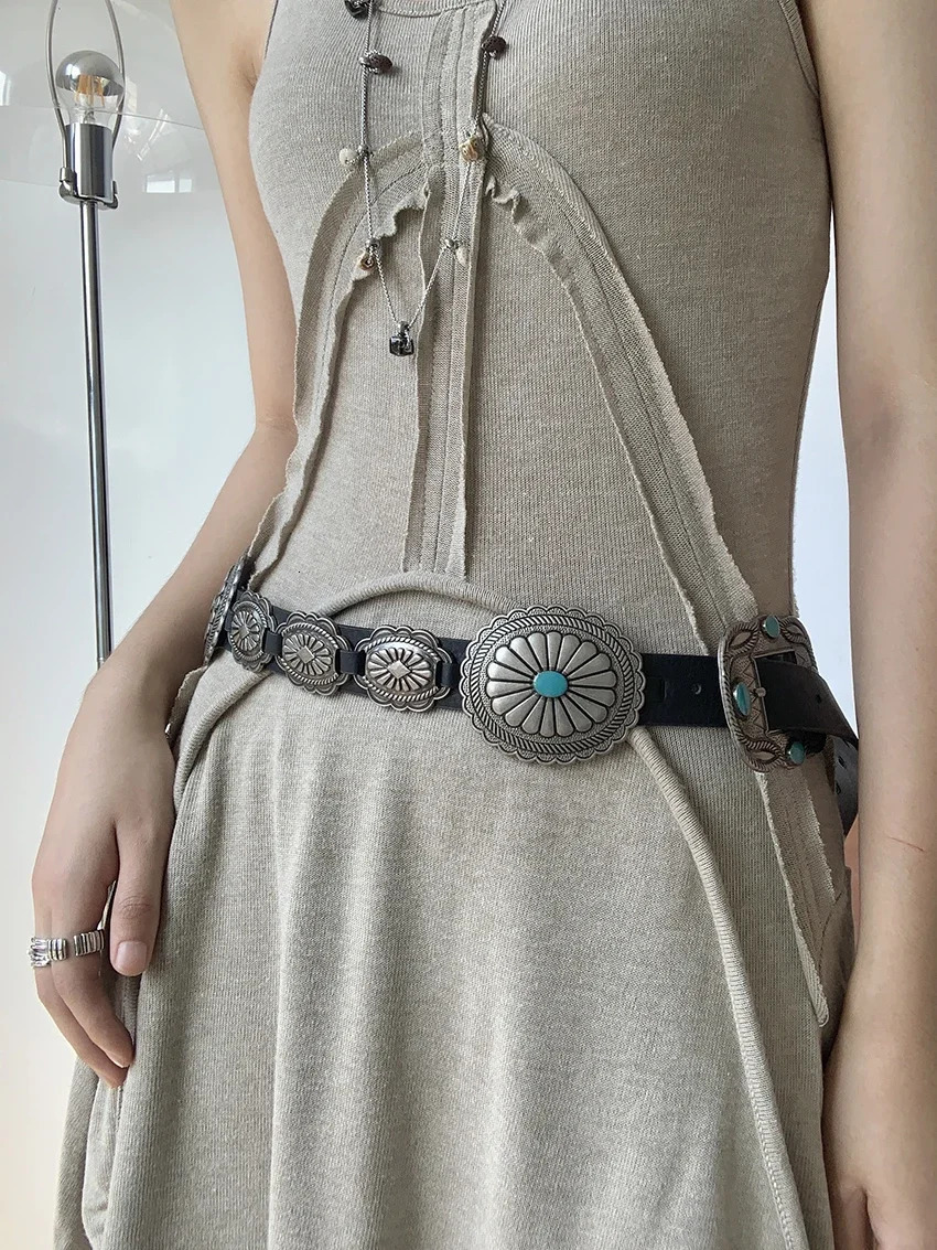 Womens Y2K Western Cowboy Girl Bohomia Waist Chain Cummerbundle Buckle 241019