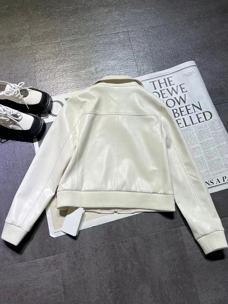 Compound Lambskin Modal Lined Collar Zipper Leather Short Coat Autumn Womens Full Match Bicycle Jacket 241019