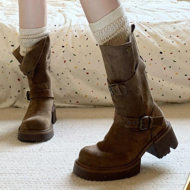 Suede High Boots Chunky Heel 2024 Winter Wear | Triple Black, Khaki 59dc