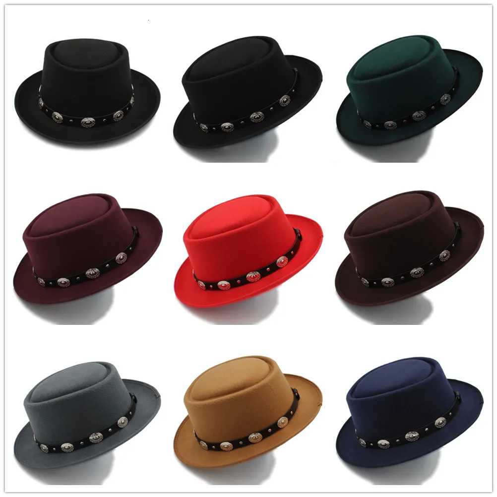 Womens pigskin hat dads wool flat bottomed Fedora hat suitable for ladies and gentlemen gamblers rowing machine Trilby hat size 58CM 241019