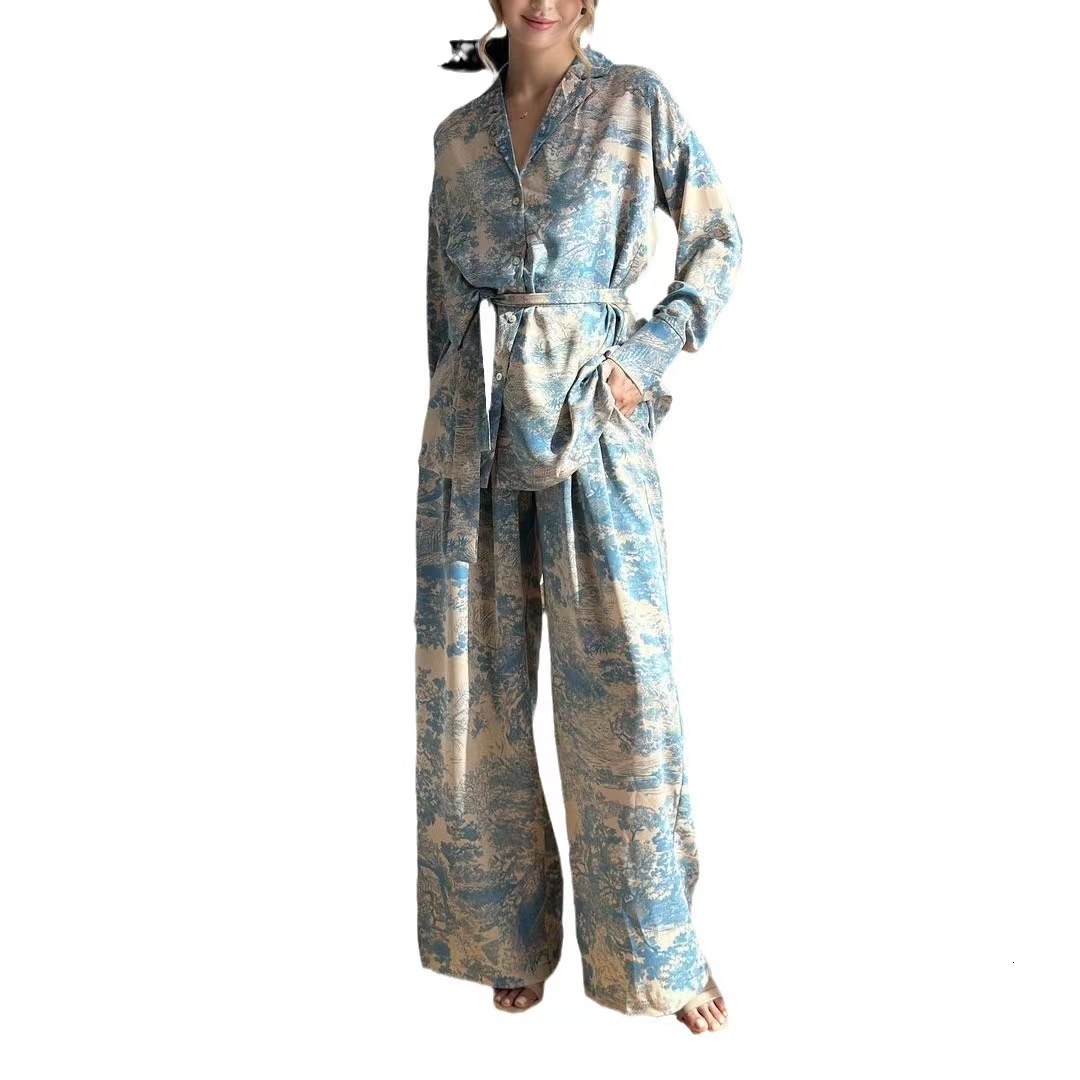 Designer Autumn And Winter Long Sleeved Lace Up Women's Home Wear, High-end Shirt And Pants Two-piece Set