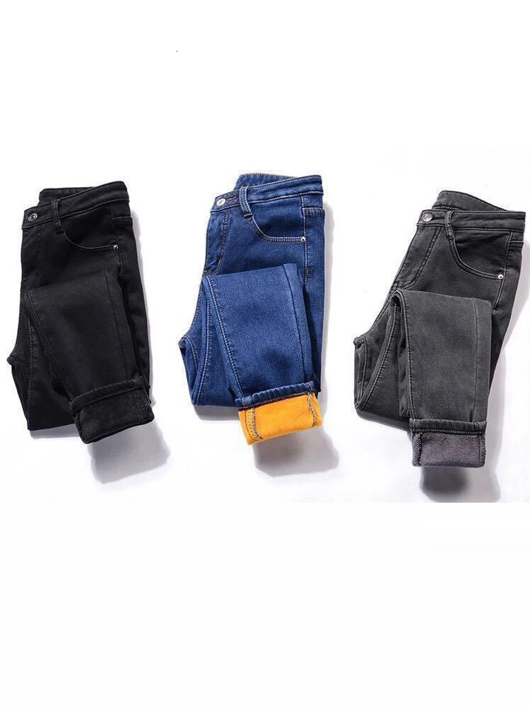 Winter high waist jean Thick warm stretch skinny pencil pants Female Simple casual black trousers 241007