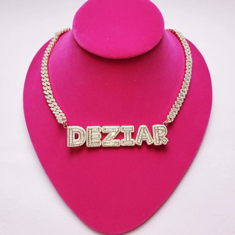 Custom Name Necklace Small Baguette Letter Customized Pendant With 9mm Cuban Chain Name Full Iced Out Zircon Pendant Gift 241019