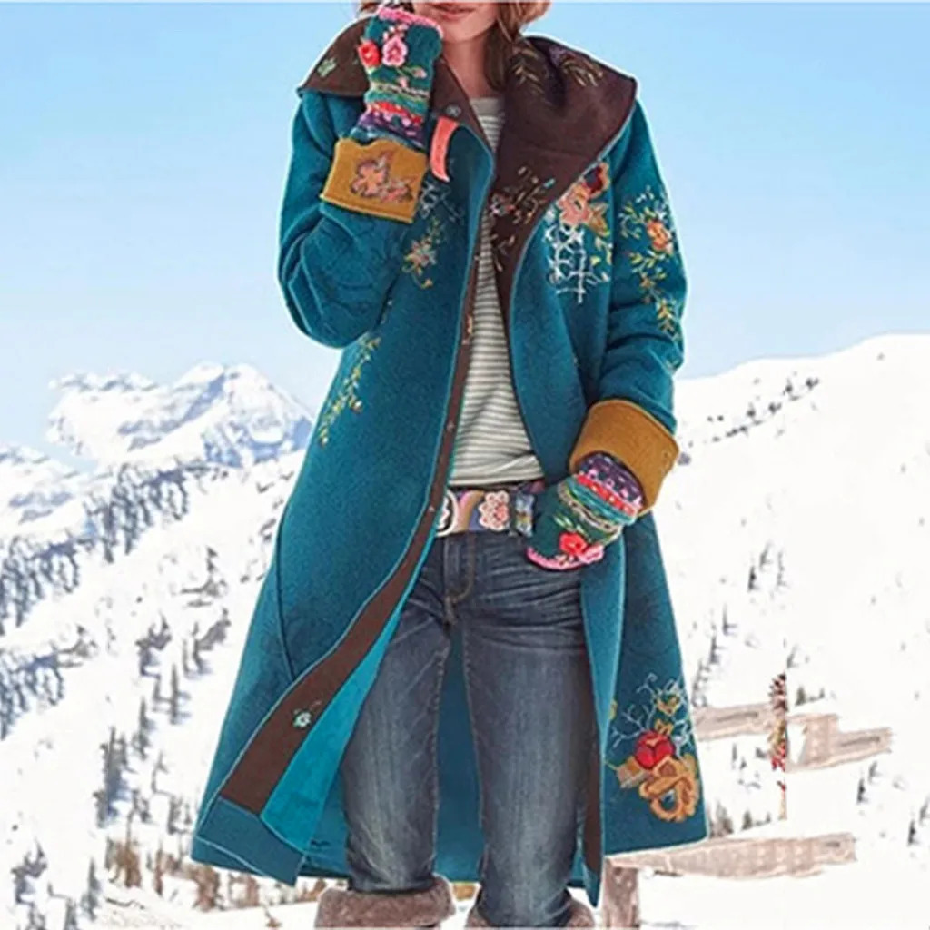 Womens floral printed long sleeved coat womens long sleeved wool coat womens winter down jacket womens long jacket 241019