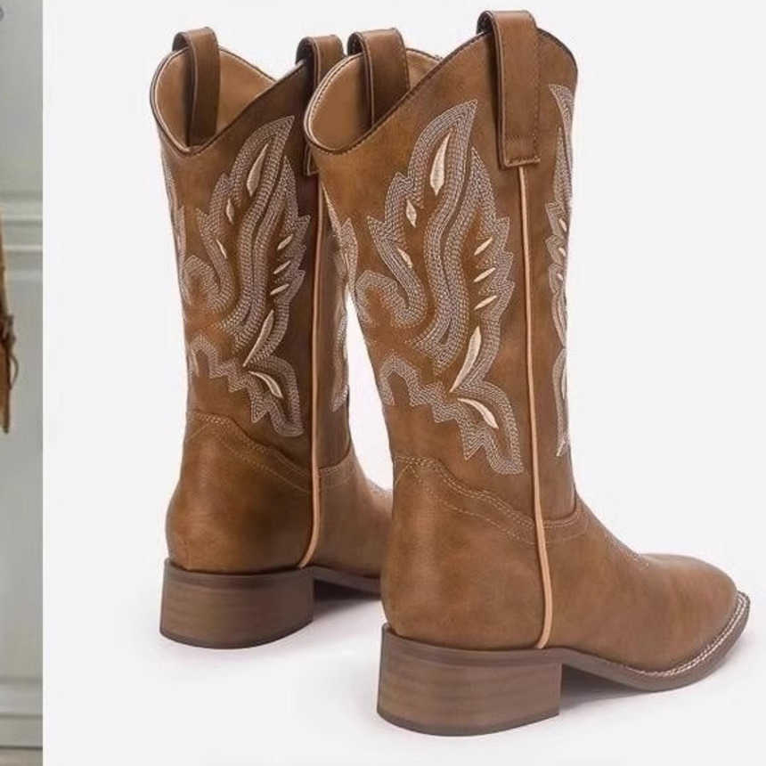 Fashion Boots Versatile Western Cowboy Boots Summer Thick Heel Ankle Boots Embroidered Sleeve Knight Boots Midsole Square Toe Martin Boots 241008