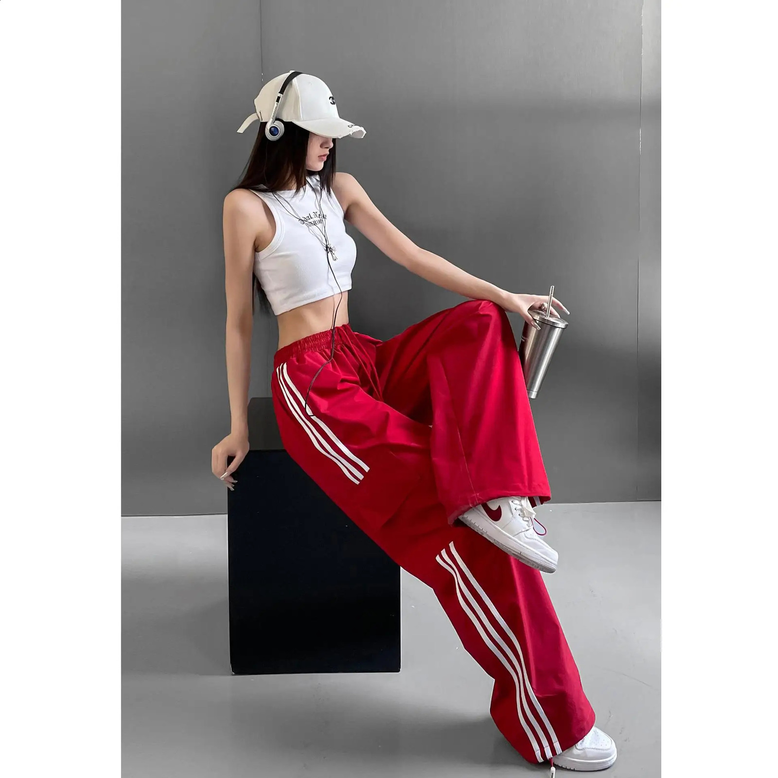 Striped Sweatpants autumn Women Hip Hop Streetwear Baggy Wide Leg Cargo Pants Bf Y2K High Waist Drawstring Joggers Trousers 241019