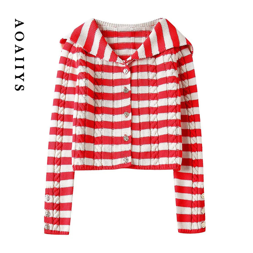 Aoaiys Knitted Open Knitted Womens Sweater Collar Autumn Winter Striped Coat Fashion Long Sleeve Single Chest 241019