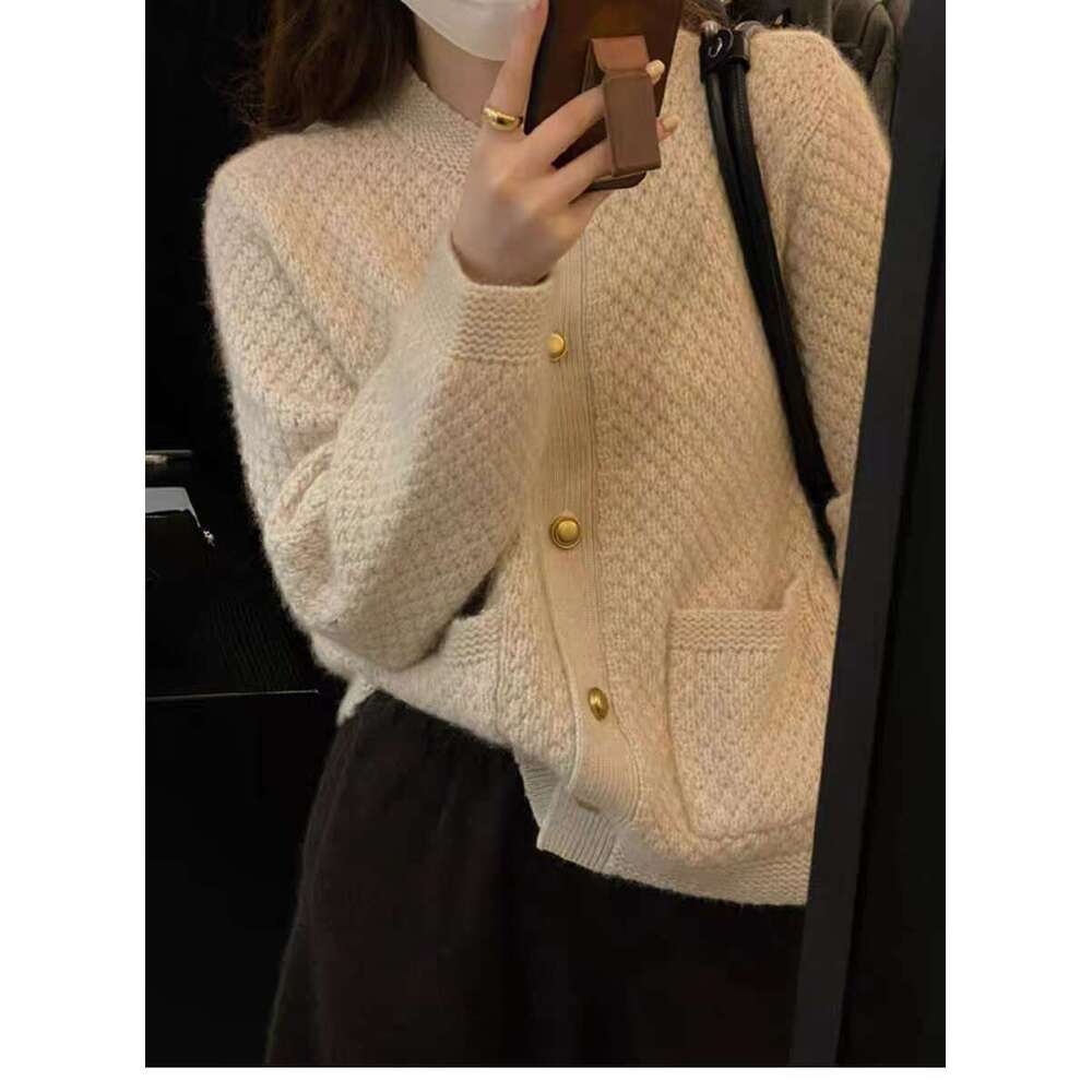Vintage French 100% Wool Knit Cardigan Ladies Loose Long Sleeve Short Cashmere Top Coat