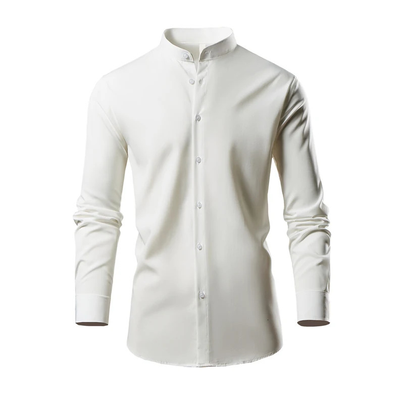 Cotton stand up collar elastic long sleeved mens shirt mens fashionable casual Camisas black white military green European size S-XL 241007