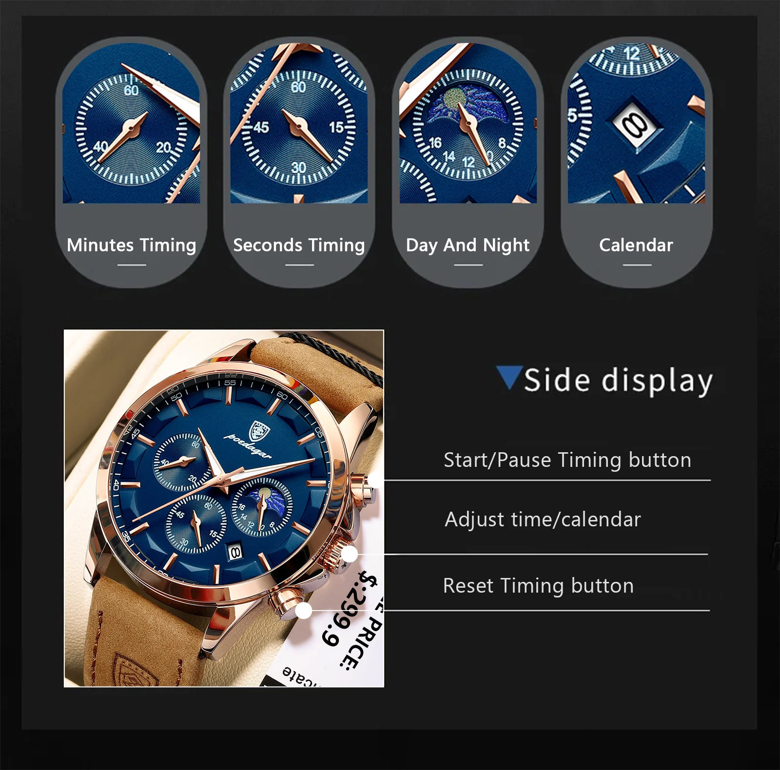 Poedagar Mens Quartz Watch Sports Waterproof Chronograph Luminous Date Mens Watch Business Leather Mens Watch 241019