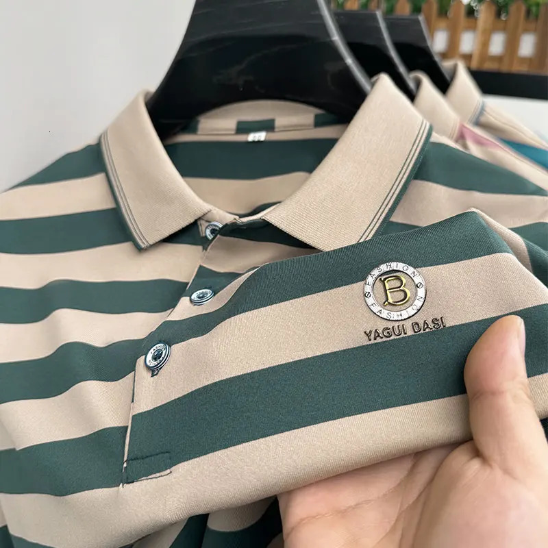 Summer Business Casual HighEnd Quality Short Sleeve Polo Shirt Stripe Lapel Tshir Trendy Top Fashion Men Clothing Shirts 241010