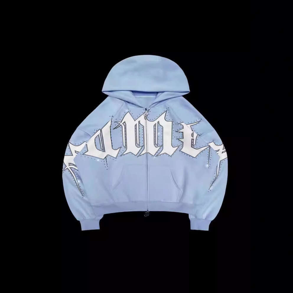 Spot cross-border autumn and winter American street letter inlaid diamond print loose casual hooded sweatshirt zipper sweatshirt wholesale