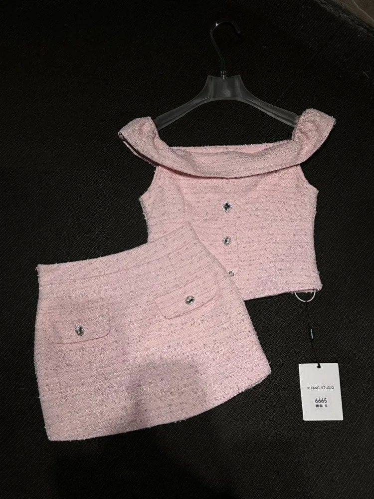 High quality French fashion coarse woolen two-piece set womens topmini skirt set womens Y2K Korean elegant sweet 2-piece set 241019