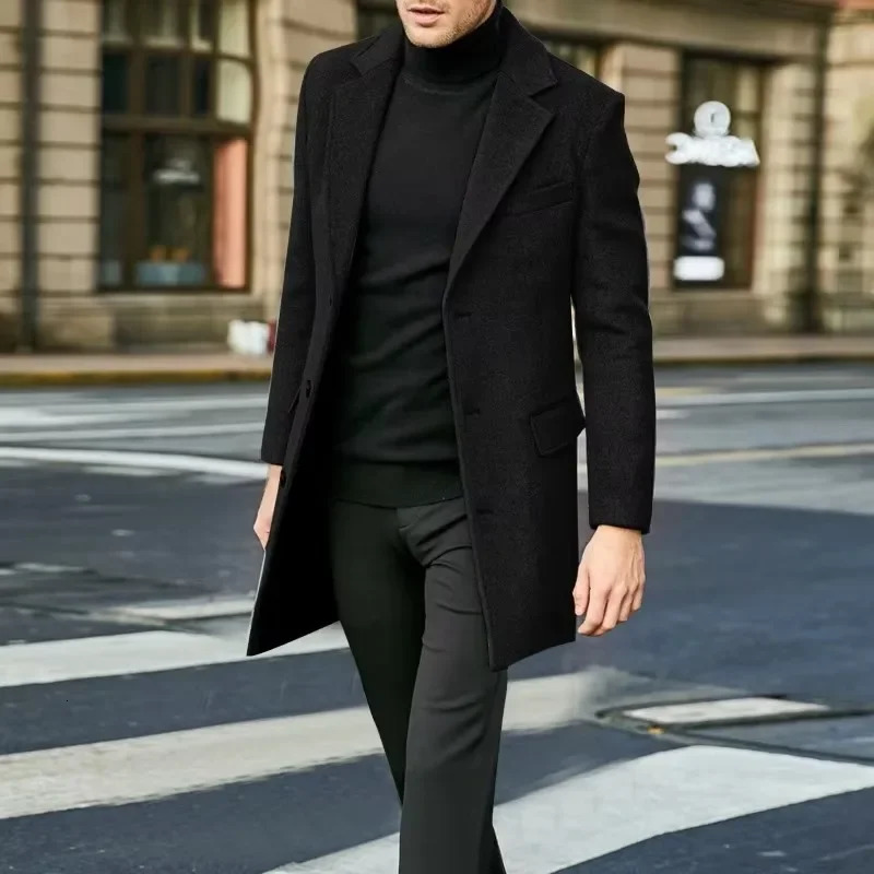 Autumn and Winter Mens Windbreaker British Long Sleeved Woolen Coat Fashion Trend Suit Single Breasted Trench Men 241010
