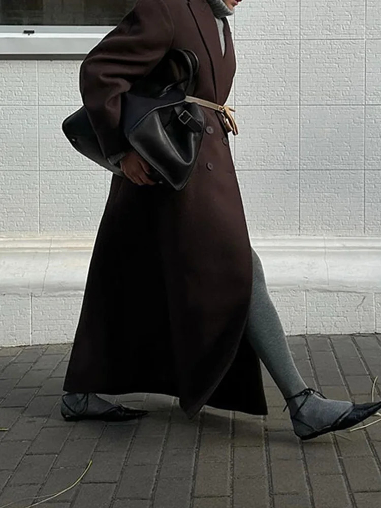 2024 Autumn Winter Streetwear Wool Blends Elegant Fashion Woolen Double Breasted Lapel Overcoat Women Long Sleeve Coats 241010