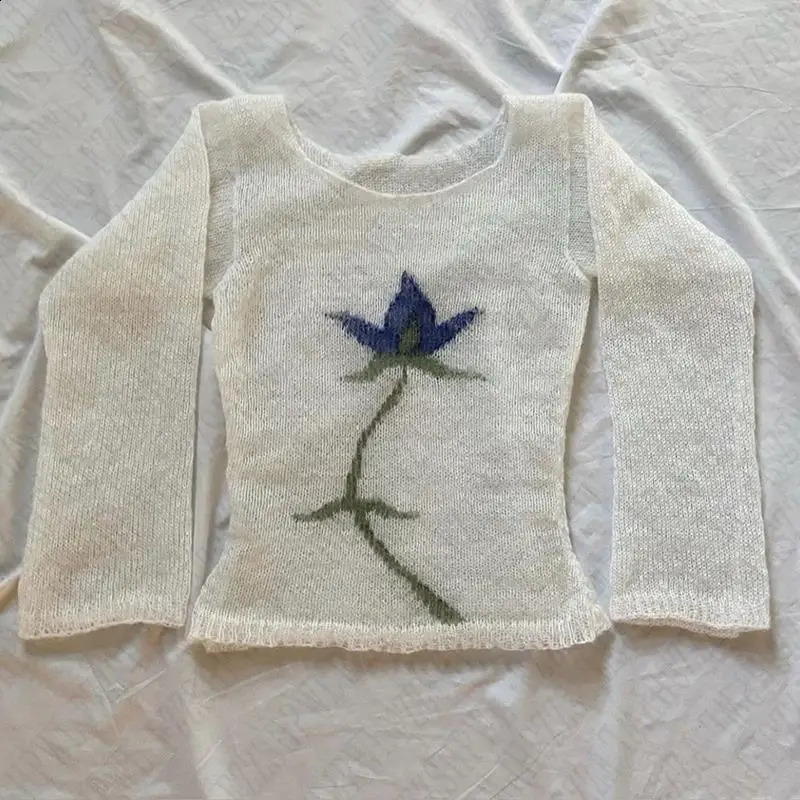 EMO Y2k Knitted sweater Flower Aesthetics Graphic Print Punk Streetwear Long sleeve Top Slim Rock Gothic Vintage Knitt Pullover 241010