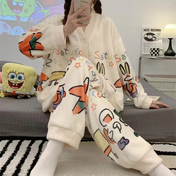 2025 Cartoon Flannel Pama Suit Women s Winter Thickened Princess Style Long Sleeve Cardigan fashion Outerwear Warm Sweet Homewear V neck