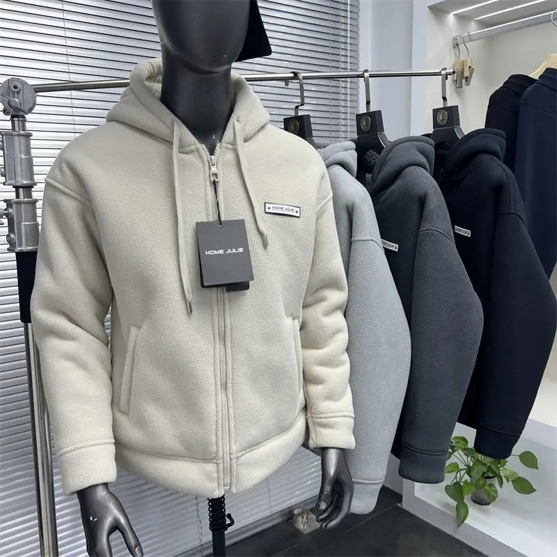 Fashionable heavyweight polar wool jacket Korean winter mens velvet thick Sherpa hooded jacket thick coat 241007