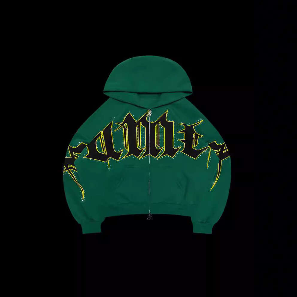 Spot cross-border autumn and winter American street letter inlaid diamond print loose casual hooded sweatshirt zipper sweatshirt wholesale