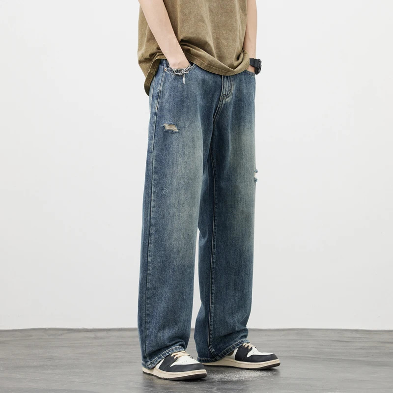 Mens Baggy Jeans Straight Ripped High Street Vintage Y2k Pants Fashion Frayed Distressed Denim Trousers Male Clothes 241009