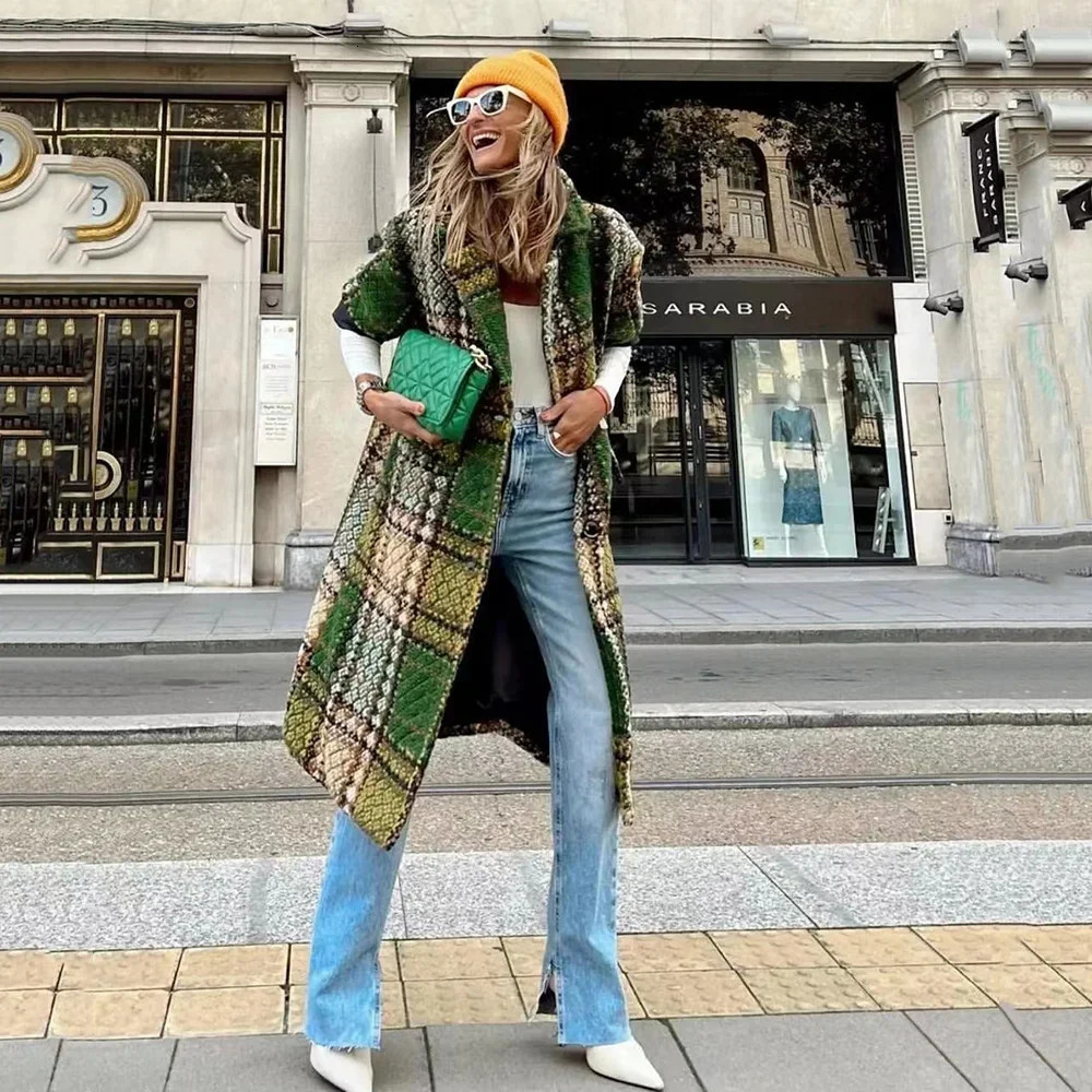 Retro collar printed wool coat womens fashionable long sleeved coat womens outdoor autumn and winter comfortable streetwear 241019