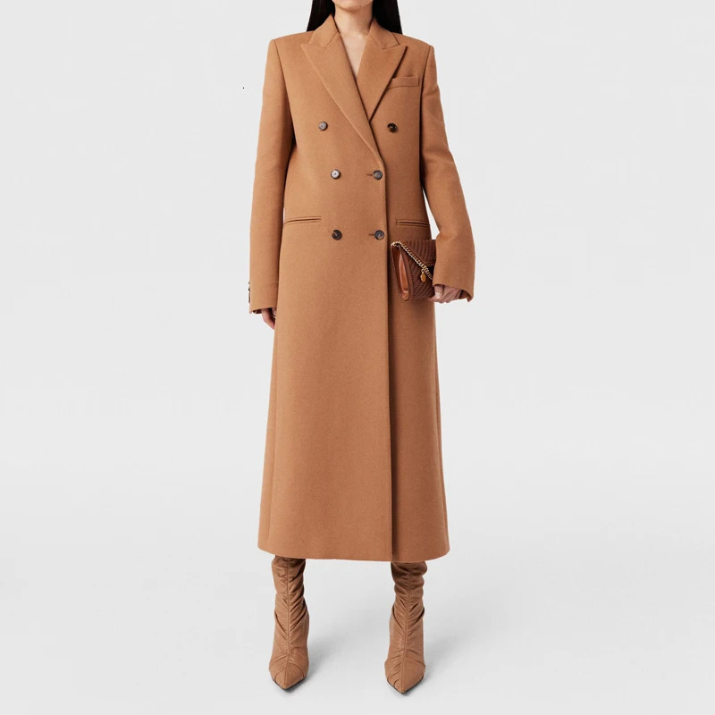 Fashionable Womens Camel Wool Coat AnkleLength Winter Warm Double Breasted n 241010