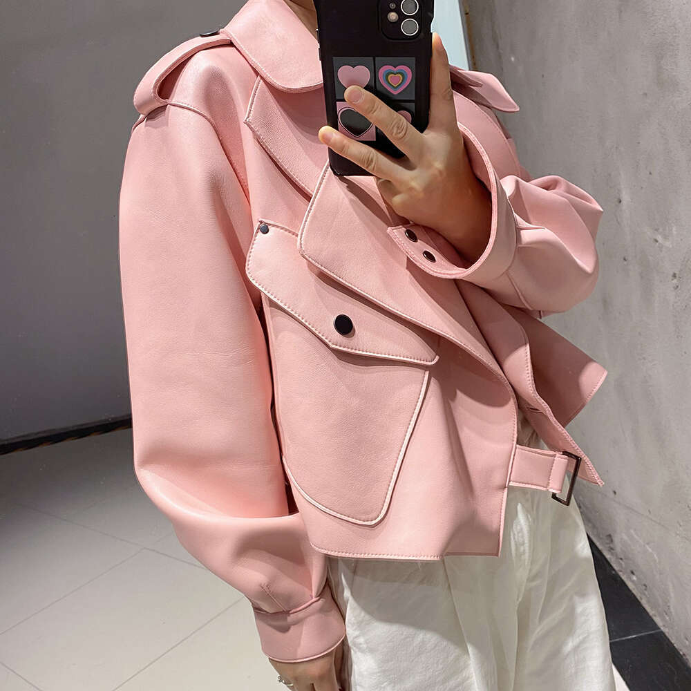 Yoloagain Women's Oversized Real Long Sleeve Pink Leather Jacket Ladies 250526