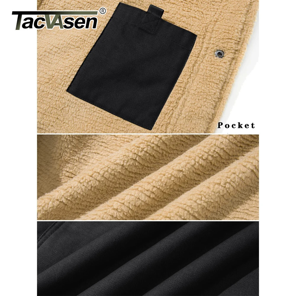 Tacasen Mens Winter Sherpa Wool Lined Jacket Flip Collar Work Cargo Truck Driver Jacket Multi Pocket Soft Warm Jacket 241007