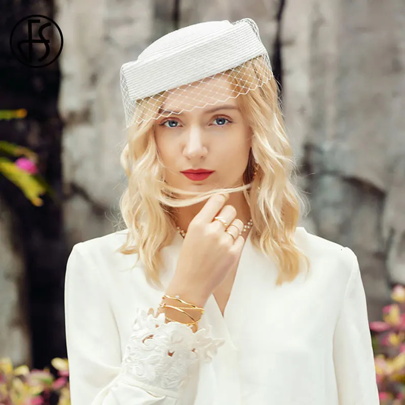 FS Fascinator White Pillbox Hat French Beret with Veil Black Straw Hat Mesh Female Fedora Cocktail Derby Party Church Wedding 241019