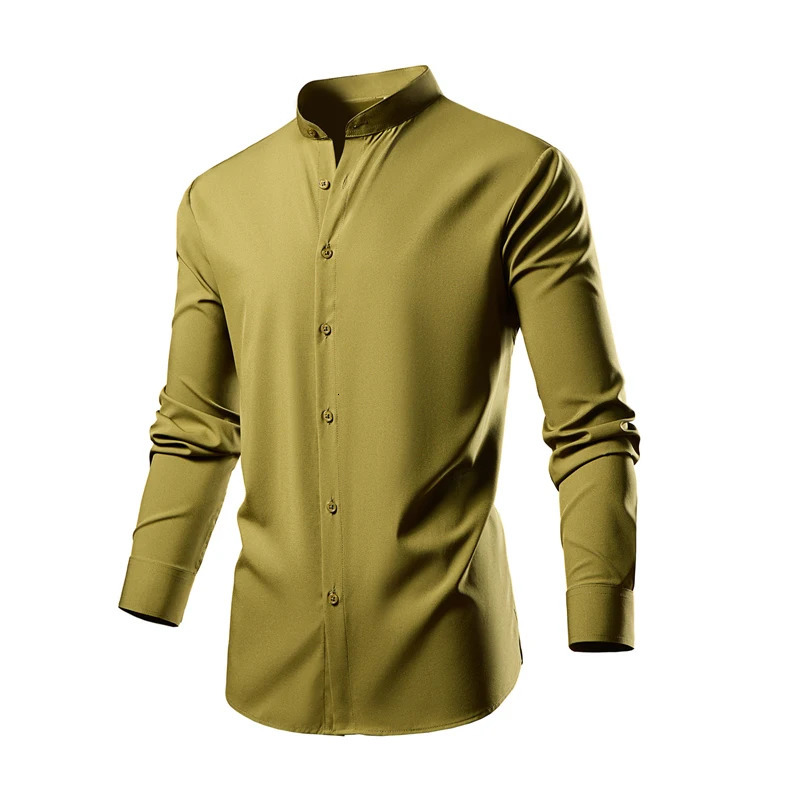 Cotton stand up collar elastic long sleeved mens shirt mens fashionable casual Camisas black white military green European size S-XL 241007