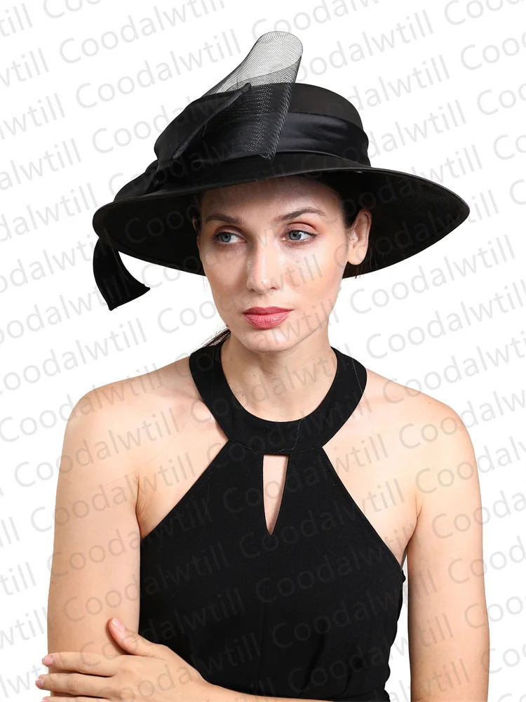 Womens Chruch Satin Fedora Hat Womens Elegant Wedding Fascinator Bow Party Chapeau Womens Retro Chapeu Marca de Luxo 241019