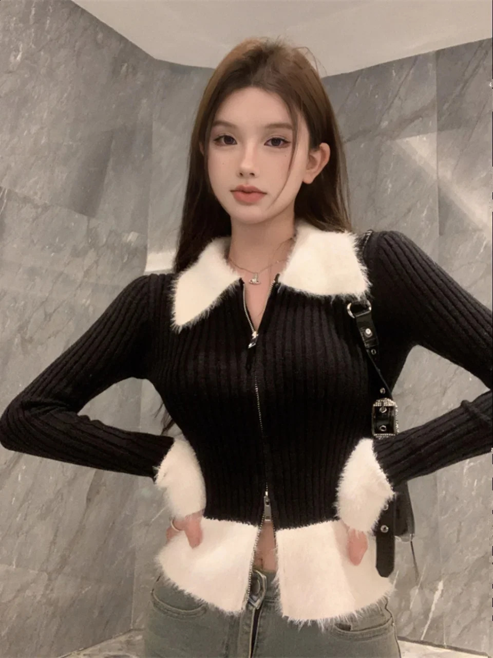 Women Black Cardigan Knitted Sweater Harajuku Korean Y2k 90s Aesthetic Vintage Long Sleeve Sweaters with Collar 2000s Clothes 241010