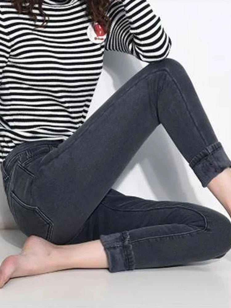 Winter high waist jean Thick warm stretch skinny pencil pants Female Simple casual black trousers 241007