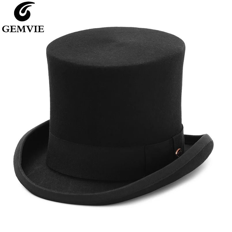 GEMVIE 17cm 100% wool felt mens top hat cylindrical high hat top crazy hat party costume Fedora Magic Theater hat 241019
