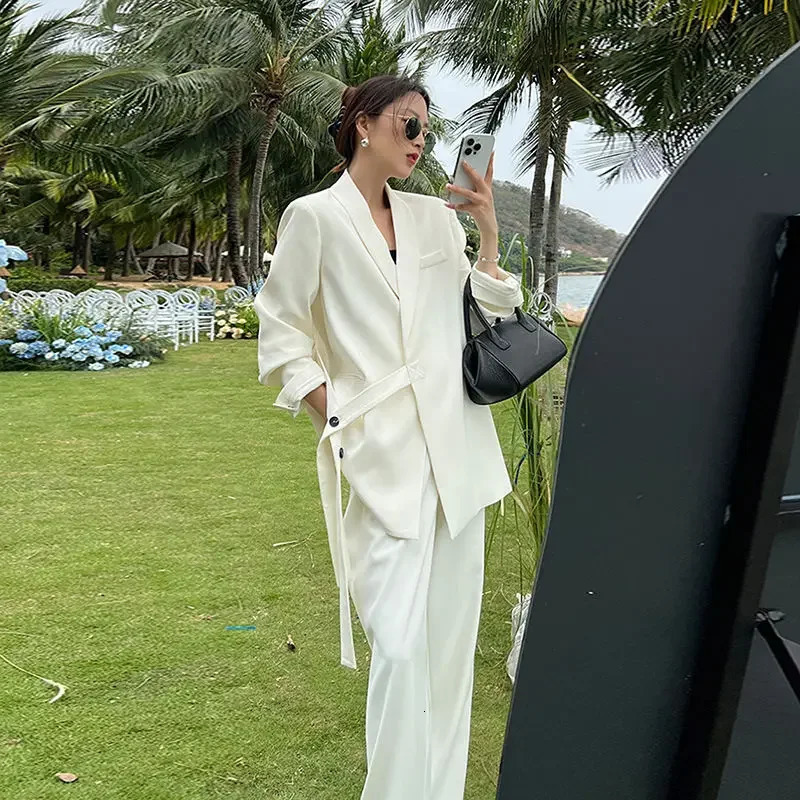 Korean Fashion High end Pants Suit Spring and Autumn Professional Coat Wide Leg White Two piece Set Women Outfits 241007