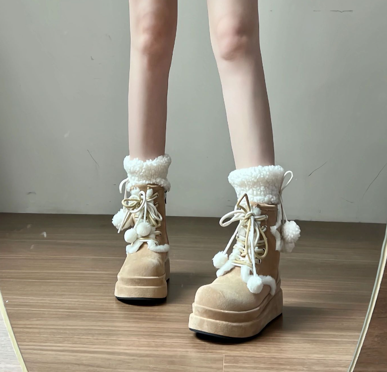 Women's 2024 Winter Fleece Star Print Fashion Boots: Warm, Trendy, Versatile, Thick Sole, Height Increase, Khaki e7d9