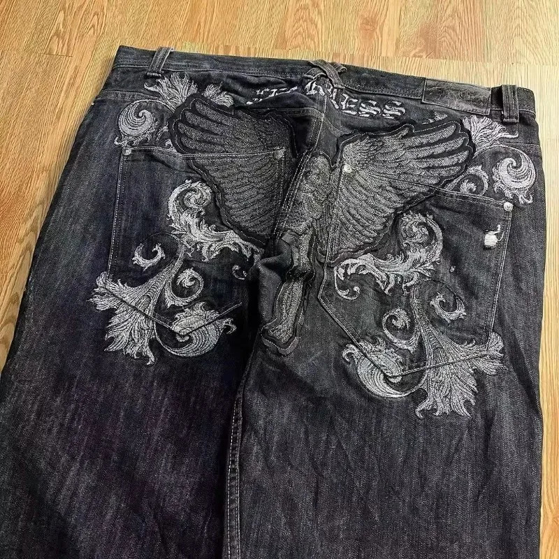 Y2K Fashion Trend Super Wings Embroidered Baggy Jeans Mens Street Dress Retro Pop Hip Hop Casual High Waist Wide Leg Pants 241019