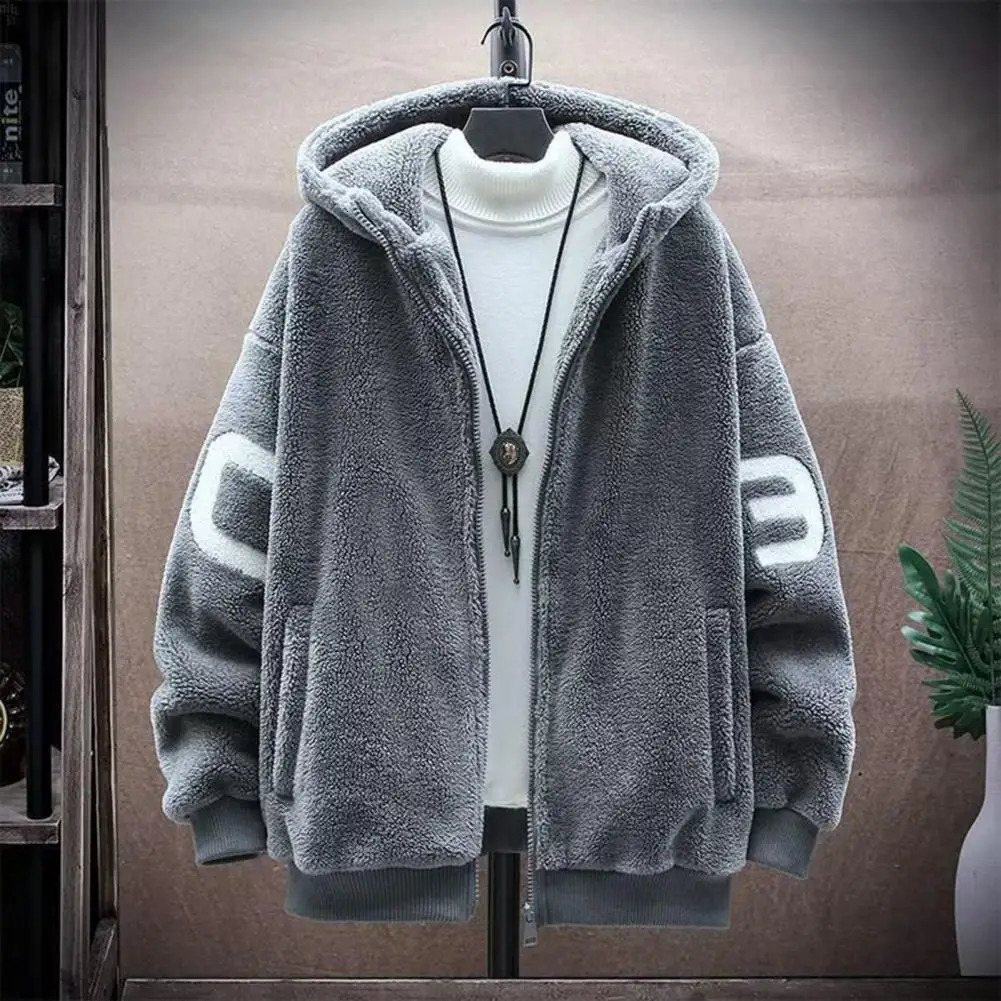 Artificial Sherpa Thick Mens Jacket Zipper Pocket Hooded Jacket Casual Thick Sherpa Lining Warm Mens Jacket 241007
