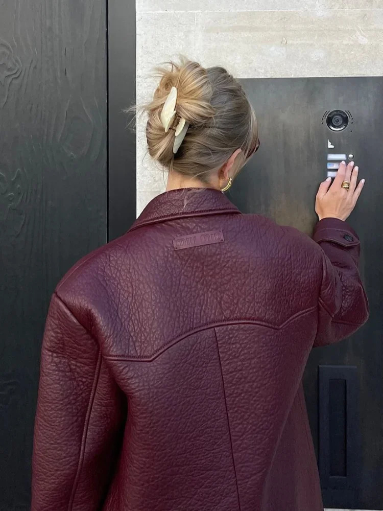 Fashion Burgundy Leahy Leather Jacket Womens Double Collar Shoulder Cushion Coat Womens Fashion Street Coat 241019